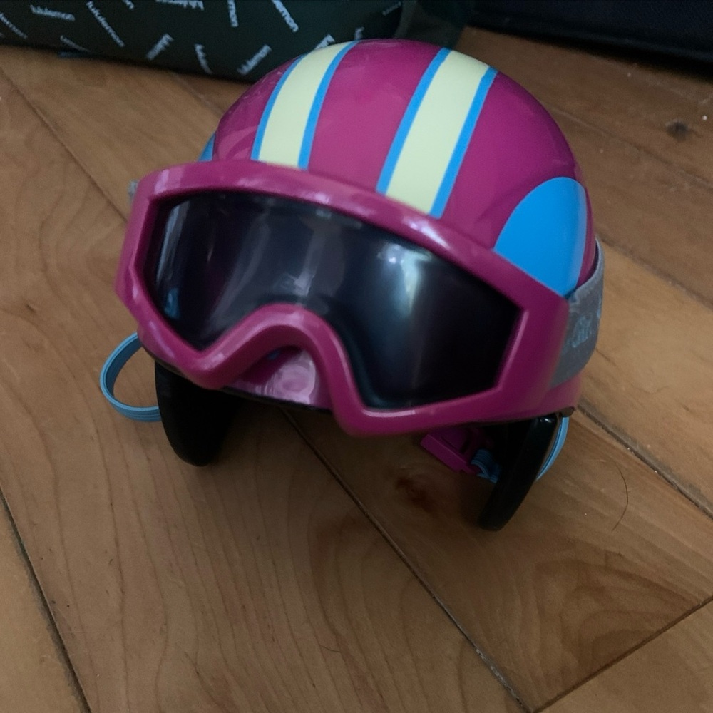 American Girl Purple Pink Striped Snowboard Helmet and Goggles